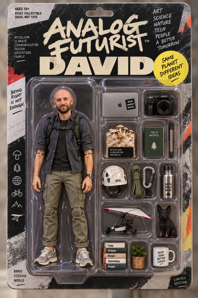Analog Futurist David. Figurka v blistru: inovace, umění, tech, chaos. Stejná planeta, jiné nápady.